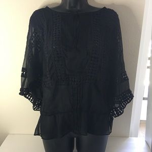 Daniel Rainn Black Sheer Crochet Boho Blouse